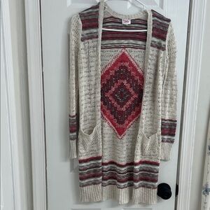Justice Girls Size 12 Open Knit Cardigan Sweater Cream Pink Aztec Design